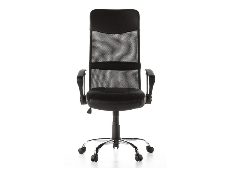 Zwarte bureaustoel met mesh rugleuning.