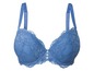 Een blauwe, kant-versierde bh met verstelbare bandjes.
