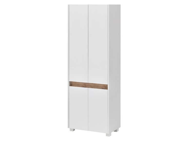 Witte kast met twee deuren en een houten accent.