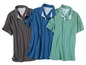 Drie Livergy poloshirts in grijs, blauw en groen.