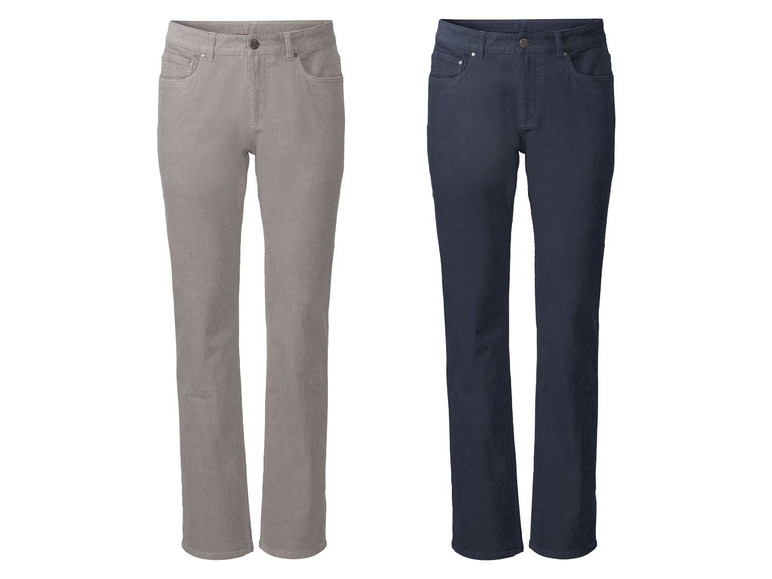 Twee paar jeans, een in grijs en een in donkerblauw.