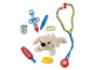 Een speelgoeddokterset met een stethoscoop, spuit, thermometer en een knuffelhond.