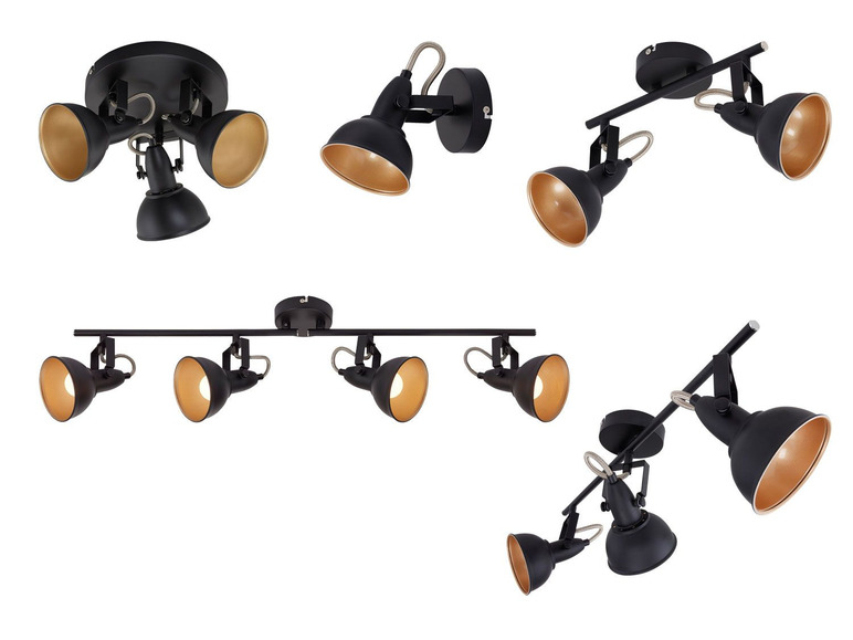 Zwarte spotjes met gouden binnenkant, zowel in een enkele als een drievoudige variant.