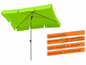 Een groene parasol met een metalen stok en een UV-beschermingsfactor van 50+.