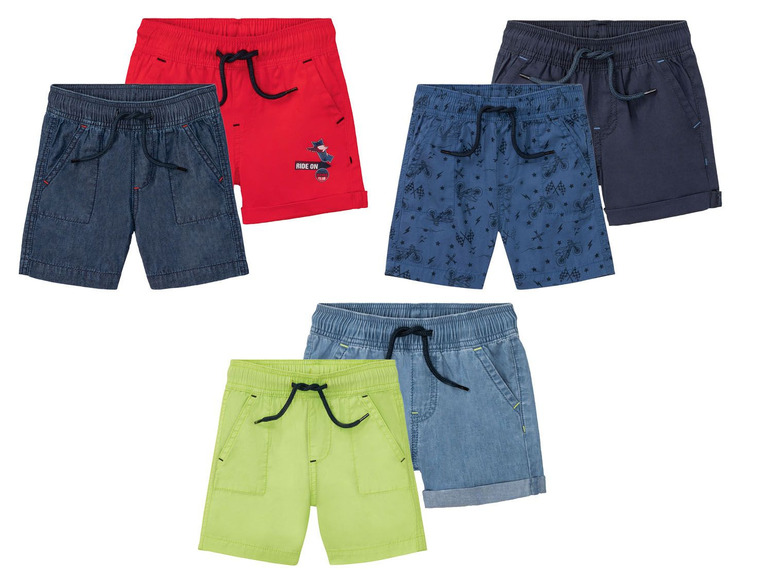 Zomerse jongens shorts in verschillende kleuren en patronen.