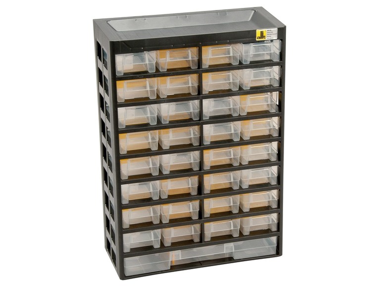 Een zwarte opbergkast met doorzichtige laden van het merk Allit.