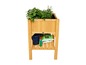 Houten plantenbak met plantjes en tuingereedschap.