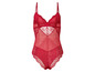 Een rood kant-body met een diepe V-hals.