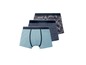 Drie boxershorts: effen blauw, gestreept en met een tropisch printje.
