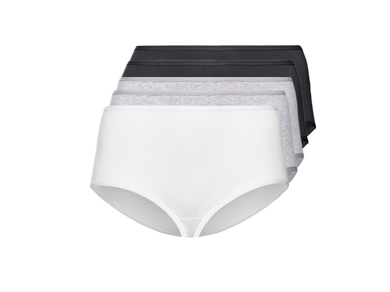 Een set van vier witte, grijze en zwarte damesonderbroeken.