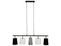 Zwarte hanglamp met vier lampenkappen in zwart, wit en grijs.