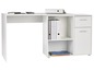 Witte hoekbureau met planken, lades en een bureau