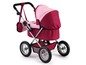 Een roze en rode poppenwagen met een handtas.