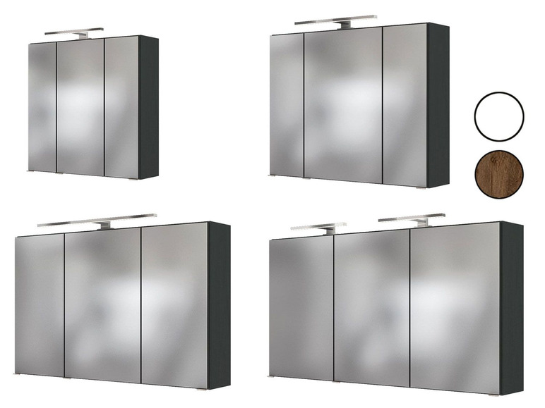 Drie spiegelkasten met verlichting voor de badkamer.