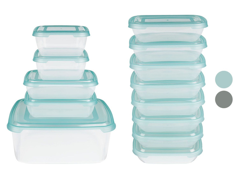 Een set van vier plastic opbergdozen met blauwe randen