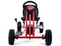 Rode go-kart met Superman-thema en zwarte wielen.