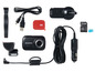 Een Nextbase dashcam met accessoires, inclusief SD-kaart, oplader en montagebeugels.