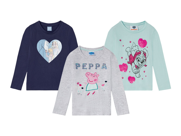 Drie longsleeve shirts met afbeeldingen van Peppa Pig, Frozen en Paw Patrol.