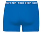 Blauwe boxershorts met 'N3VR STOP' logo.