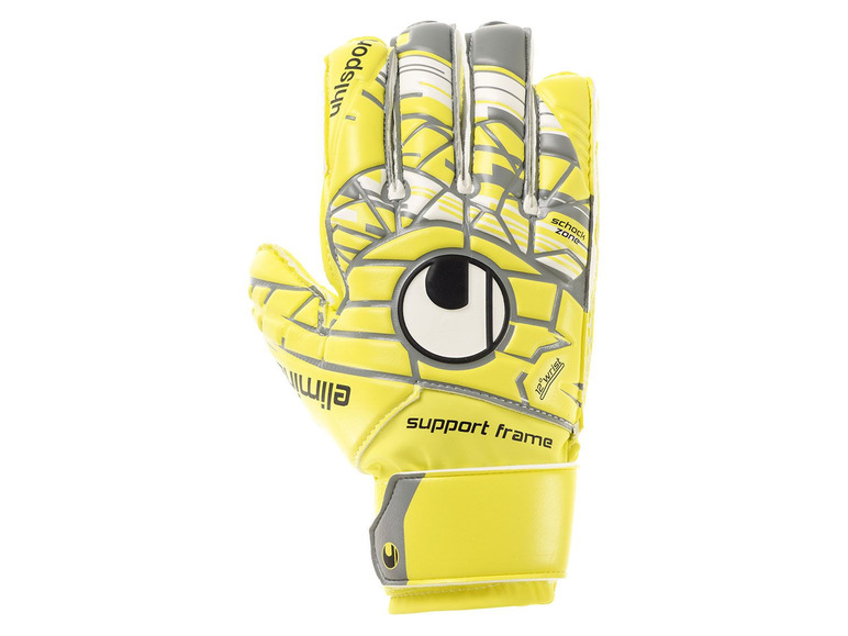 Gele keepershandschoenen van Uhlsport met grijze details.