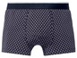 Een paar donkerblauwe boxershorts met een wit patroon.
