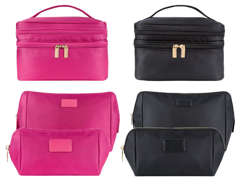 Twee sets toilettassen in roze en zwart, inclusief een grote en twee kleinere tassen.