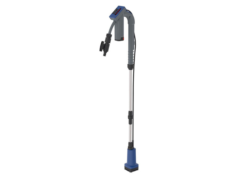 Een blauwe dompelpomp met een digitale meter.