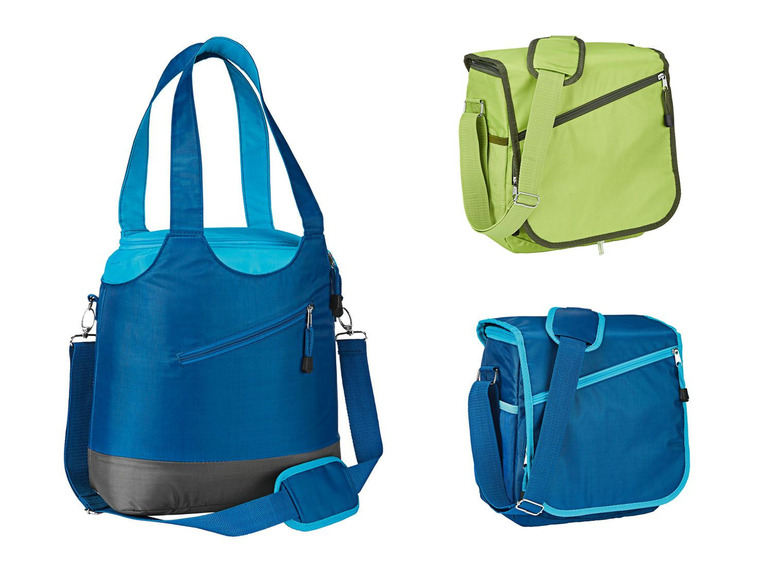 Drie geïsoleerde tassen in het blauw en groen, geschikt voor picknicks of lunch.