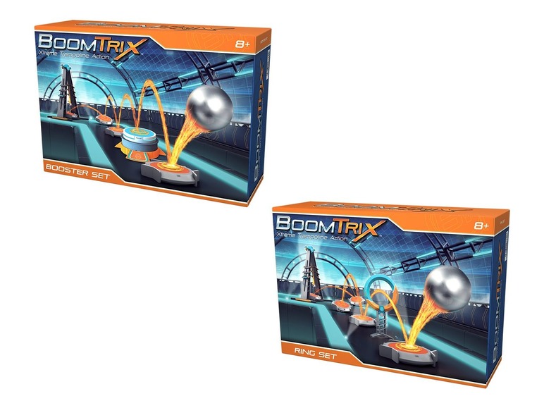 Twee doosjes met de Boomtrix Booster en Ring sets, een speelgoedserie met trampoline-actie.