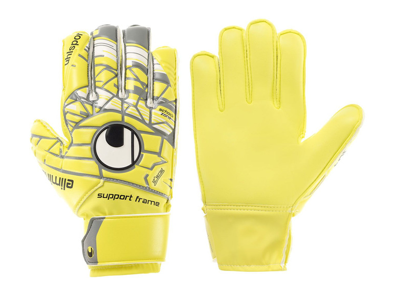 Gele keepershandschoenen van Uhlsport met ondersteunende frame.