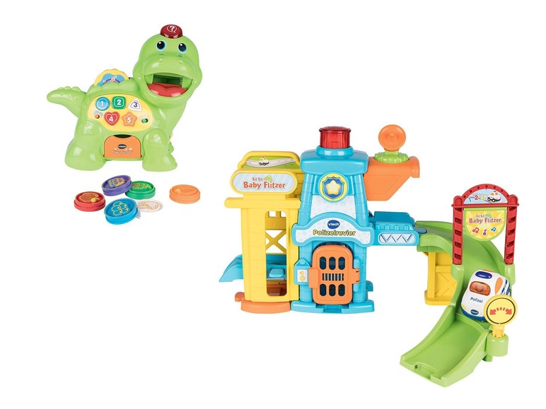 VTech Baby Flitzer speelgoed, met dinosaurussen, politie en auto's.