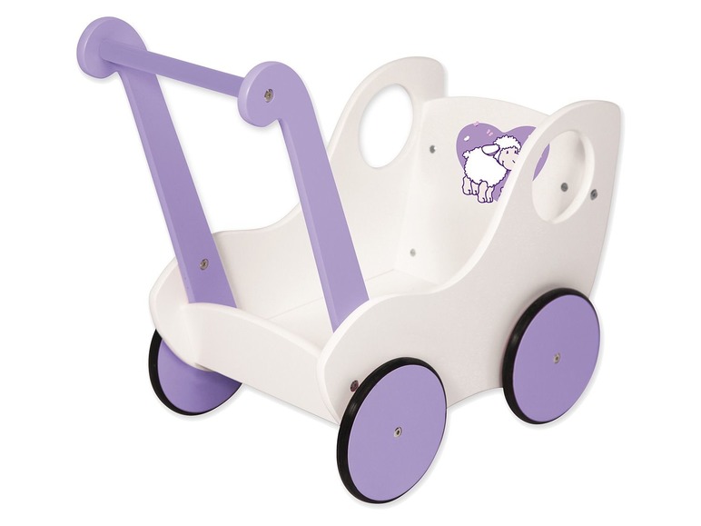 Een witte houten poppenwagen met paarse wielen en een schaap-design.