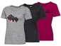 Drie dames t-shirts, grijs met bergprint, zwart en rood met 'Back to Nature' print.
