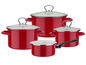 Een set van vier rode kookpotten met glazen deksels.