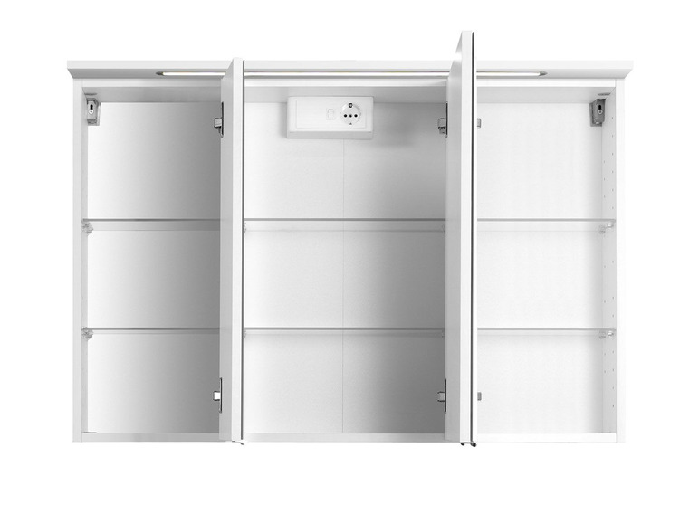 Een witte badkamerkast met spiegeldeuren en verlichting
