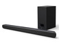 Een zwarte soundbar en subwoofer van het merk 