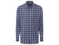Een donkerblauw geruit overhemd met lange mouwen.