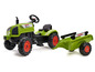 Een groene Claas Arion 410 speelgoedtractor met aanhanger.