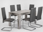 Een eettafelset met een betonnen tafelblad en zes stoelen met een lederen bekleding.