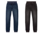 Twee paar blauwe en zwarte jeans met elastische tailleband.