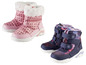 Roze en blauwe winterschoenen met hartjes en sterrenprint.