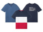 Drie T-shirts van Livergy, één met een 'Paris, New York, London' print, één met kleurblokken en één effen.