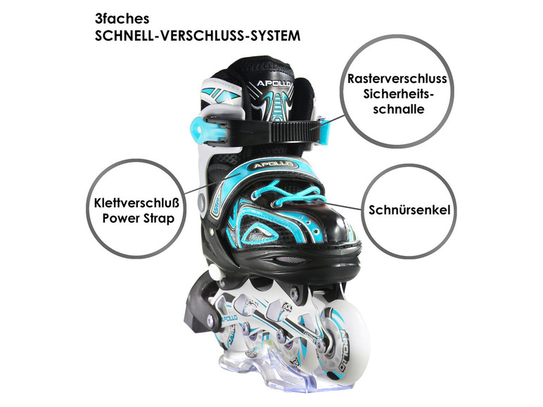 Zwarte inline skates met blauwe accenten van Apollo met klittenband, veters en een gespsluiting.