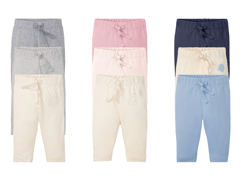 Zes babybroeken in verschillende kleuren met olifantprint.