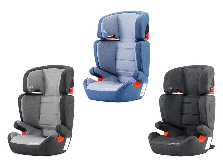 Drie Kinderkraft autostoeltjes in grijs, zwart en blauw.