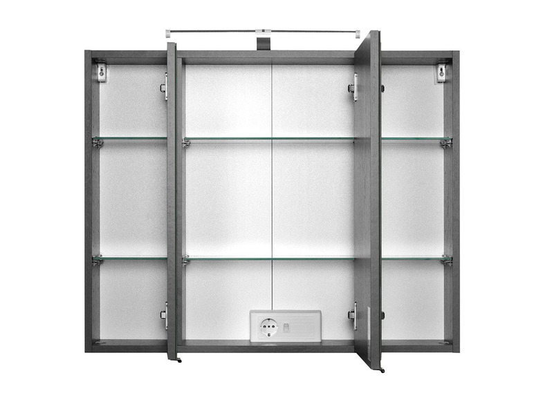 Grijze badkamerkast met spiegeldeuren, verlichting en glazen planken.