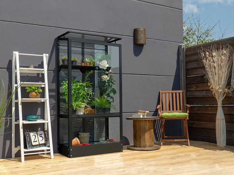 Een zwarte glazen kas met planten op een houten terras.