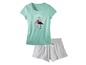 Een mintgroene pyjama met korte mouwen en flamingo print en grijze korte broek.