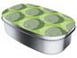 Een metalen lunchbox met een groene, stippenprint.