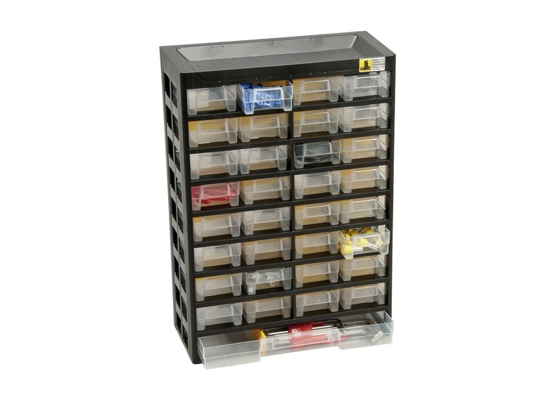 Een zwarte opbergkast met transparante laden voor gereedschap en onderdelen.